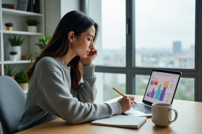 Femme entrepreneur travaillant sur des stratégies digitales devant un ordinateur portable affichant des graphiques de revenus en ligne