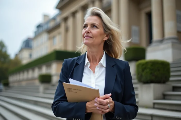 Femme fonctionnaire tenant un dossier administratif devant un bâtiment institutionnel français