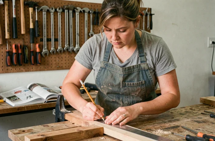 Femme apprenant le bricolage dans un atelier maison, mesurant une planche en bois avec une règle métallique lors d'une formation pratique