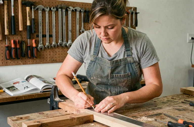Femme apprenant le bricolage dans un atelier maison, mesurant une planche en bois avec une règle métallique lors d'une formation pratique