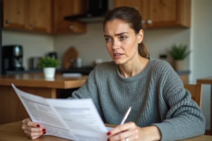 Femme lisant attentivement son contrat d'assurance habitation à la table de cuisine avant de le résilier