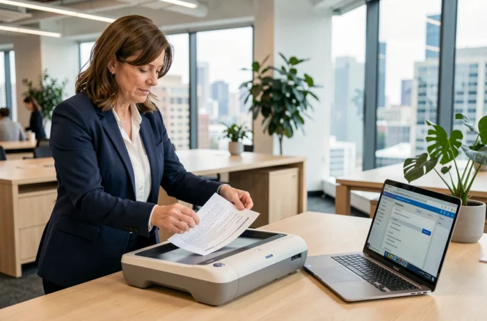 Femme professionnelle utilisant un scanner de bureau pour numériser des documents importants dans un bureau moderne