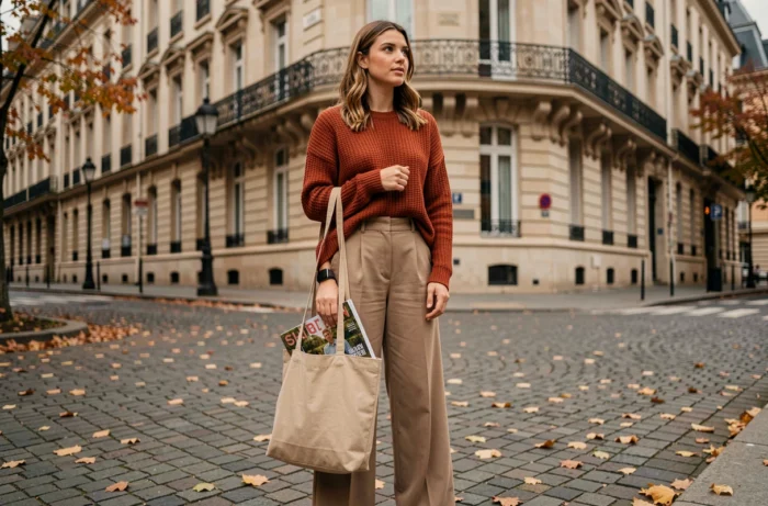 Jeune femme parisienne tenant un magazine de tendances dans une rue en automne