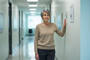 Femme d'âge mûr s'appuyant contre un mur dans un couloir de clinique neurologique, illustrant la perte d'équilibre d'origine neurologique