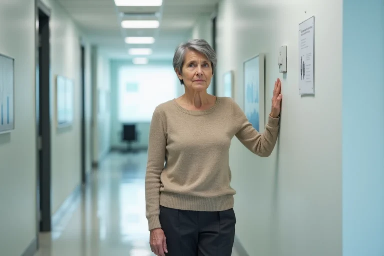 Femme d'âge mûr s'appuyant contre un mur dans un couloir de clinique neurologique, illustrant la perte d'équilibre d'origine neurologique