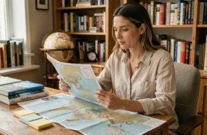 Femme consultant un plan de site de voyage sur une carte du monde posée sur un bureau en bois