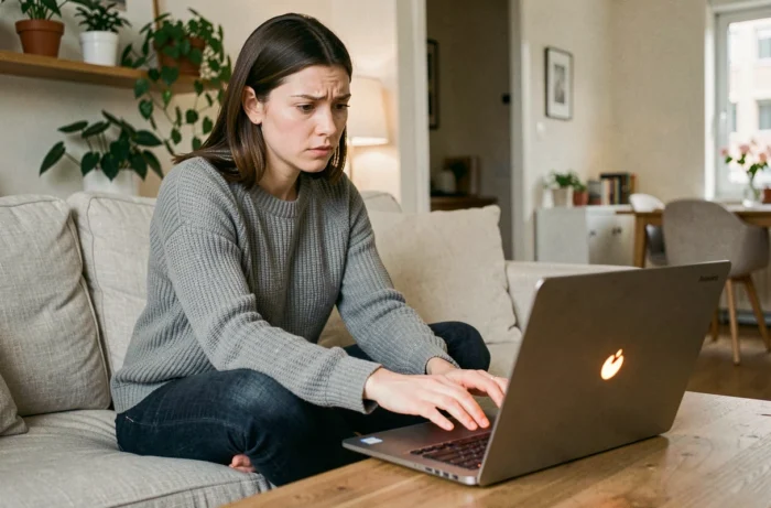 Femme inquiète observant son ordinateur portable Lenovo avec le bouton d'alimentation qui clignote dans un salon cosy