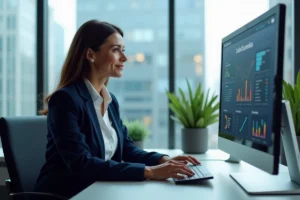 Femme professionnelle analysant un tableau de bord digital sur-mesure dans un bureau moderne pour booster son activité