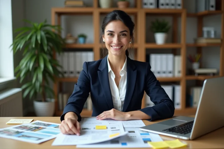 Femme consultant des offres immobilières sur ordinateur portable dans un bureau à domicile organisé
