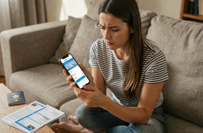 Jeune femme consultant l'application easyJet sur smartphone pour corriger une erreur de prénom sur son billet
