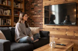 Jeune femme regardant un film en streaming sur sa télévision depuis son canapé dans un salon cosy