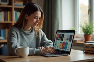 Jeune femme parcourant une bibliothèque d'ebooks sur son ordinateur portable dans un bureau cosy entouré de livres