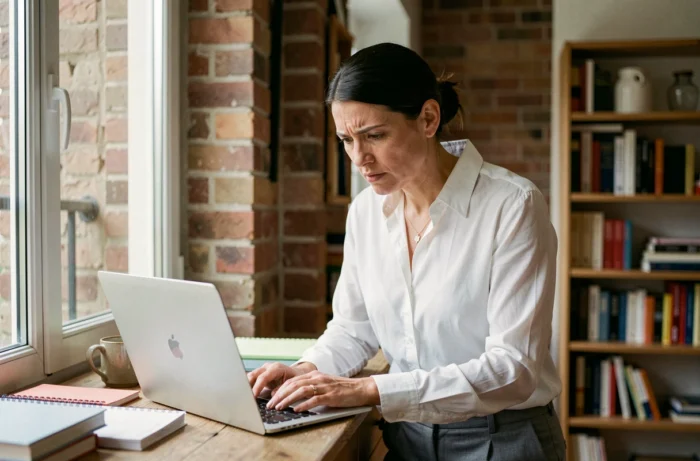 Femme en télétravail cherchant à résoudre un problème de connexion réseau Intraparis depuis son domicile