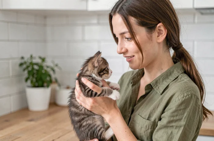 Jeune femme tenant délicatement un chaton de huit semaines dans une cuisine moderne, symbolisant le moment idéal de l'adoption après la séparation de la mère