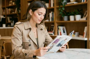 Femme élégante consultant un magazine de tendances dans un café contemporain