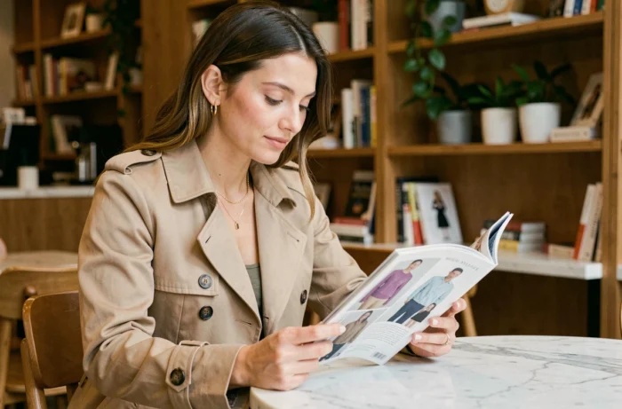 Femme élégante consultant un magazine de tendances dans un café contemporain