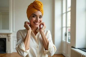 Femme portant un turban en coton jaune moutarde élégamment noué, ajustant son style dans un appartement parisien lumineux
