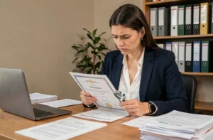 Femme examinant attentivement un diplôme en ligne avec une loupe pour détecter une arnaque