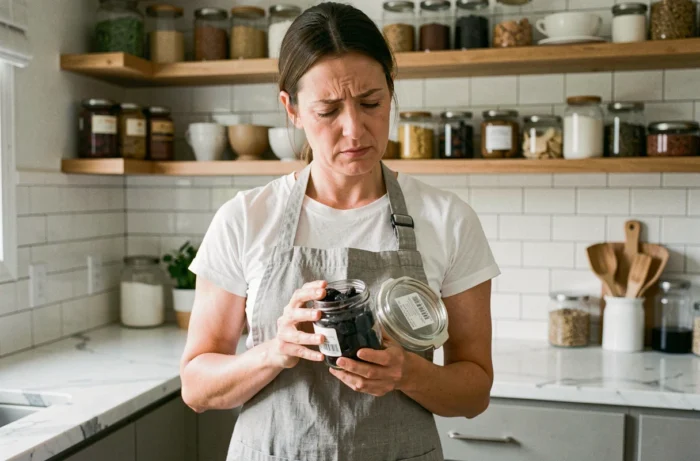Femme lisant l'étiquette d'un pot de pruneaux dans une cuisine moderne pour vérifier la date de péremption