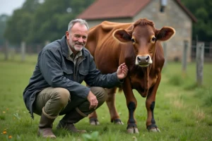 Fermier âgé caressant une vache laitière brune dans un pré verdoyant avec une grange en pierre en arrière-plan