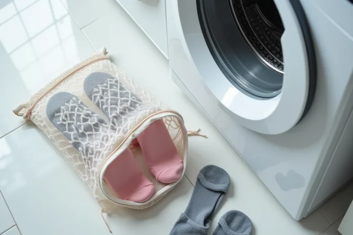 Deux chaussettes identiques glissées ensemble dans un filet de lavage zippé posé sur le carrelage d'une buanderie près d'une machine à laver ouverte