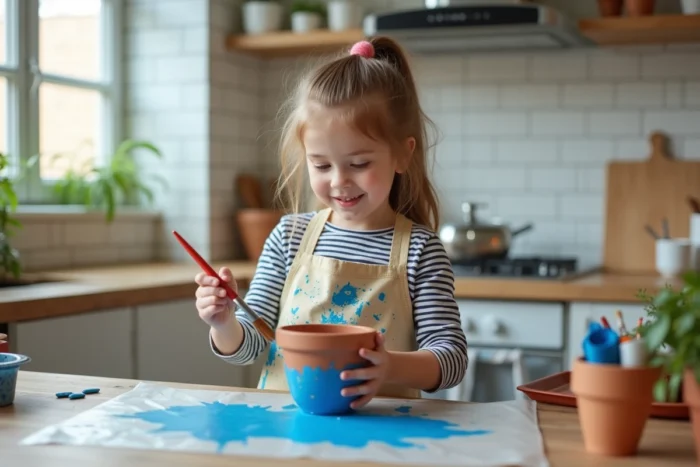 Petite fille peignant un pot en terre cuite à la maison, activité manuelle créative pour enfants