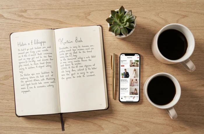 Flat lay d'un bureau créatif avec journal de mode, smartphone et accessoires tendance