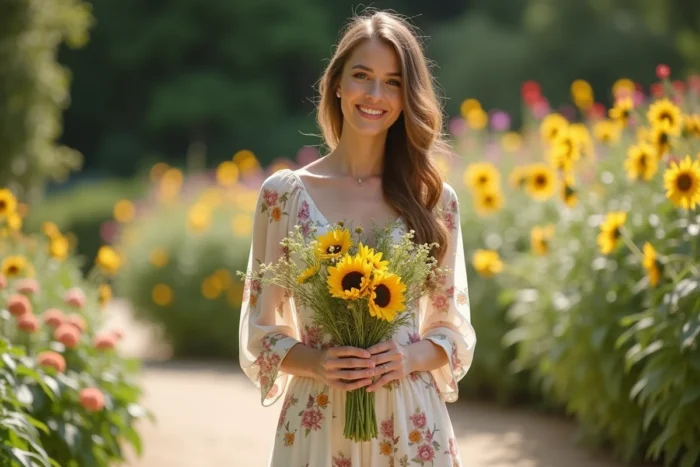 Mariée épanouie tenant un bouquet de fleurs sauvages et de tournesols avec confiance dans un jardin fleuri lors d'un mariage sur Flowers de Miley Cyrus