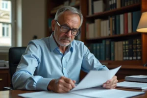 Fonctionnaire masculin d'environ 58 ans examinant des documents de retraite dans un bureau administratif français