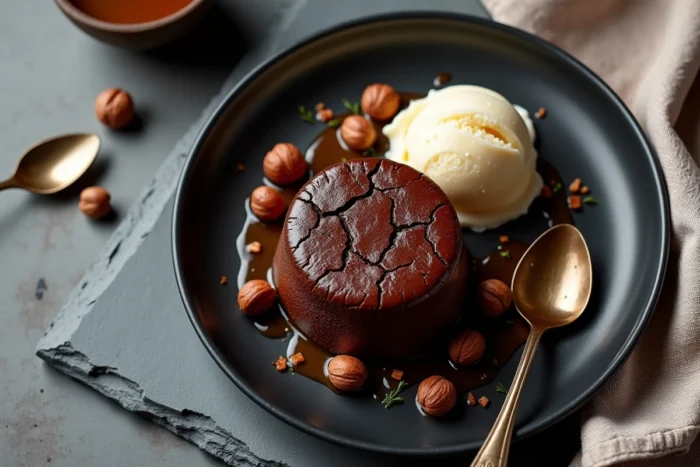 Fondant au chocolat maison avec glace vanille et caramel présenté en style photo culinaire éditorial