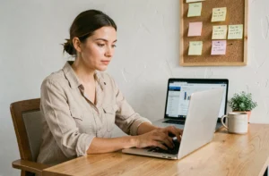 Freelance femme utilisant un logiciel de gestion de projet sur ordinateur portable dans un bureau à domicile moderne