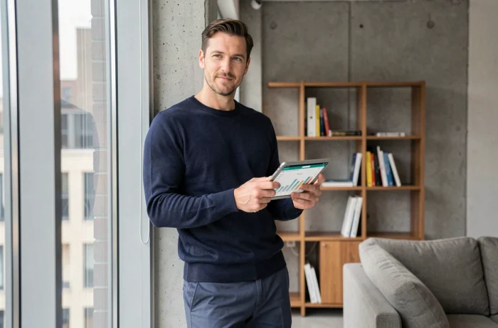 Freelance masculin consultant une application de suivi de projets sur tablette dans un appartement minimaliste urbain