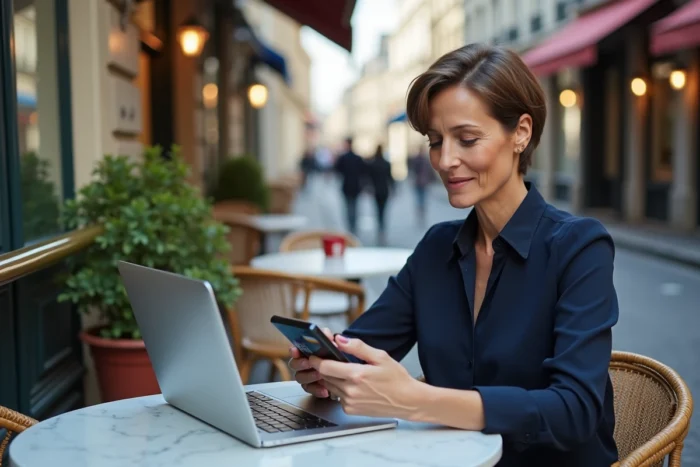 Femme professionnelle indépendante gérant ses revenus en ligne via smartphone et ordinateur portable dans un café parisien