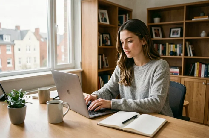 Une jeune femme travaillant depuis son domicile sur un ordinateur portable dans un bureau aménagé à la maison, entourée d'un carnet, d'une tasse de café et d'une plante verte