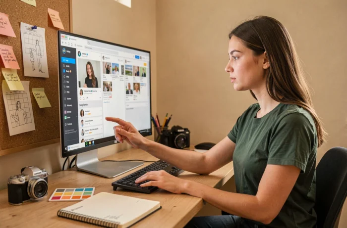 Une jeune femme gérant les réseaux sociaux de commerces locaux depuis son bureau à domicile, avec un tableau de bord de gestion sur écran et un planning de contenu affiché