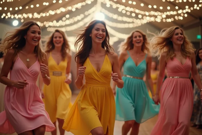 Demoiselles d'honneur en robes colorées dansant avec joie et insouciance sur Girls Just Want to Have Fun lors d'une réception de mariage