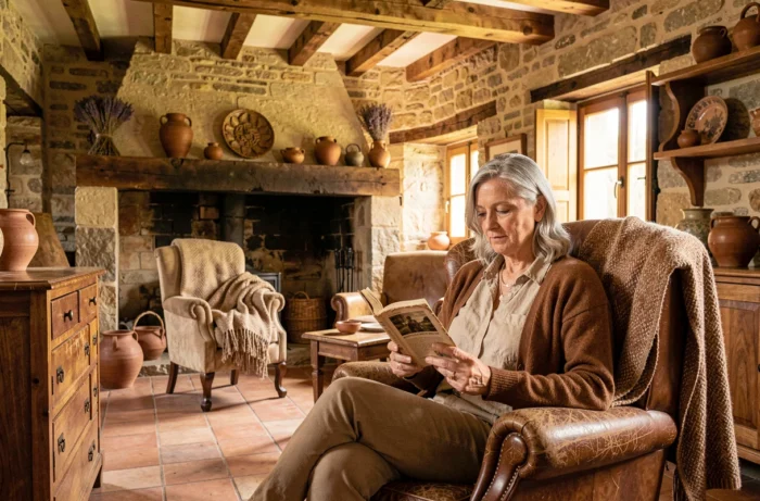 Femme se relaxant dans un gîte en pierre authentique avec poutres en bois et cheminée rustique en France rurale
