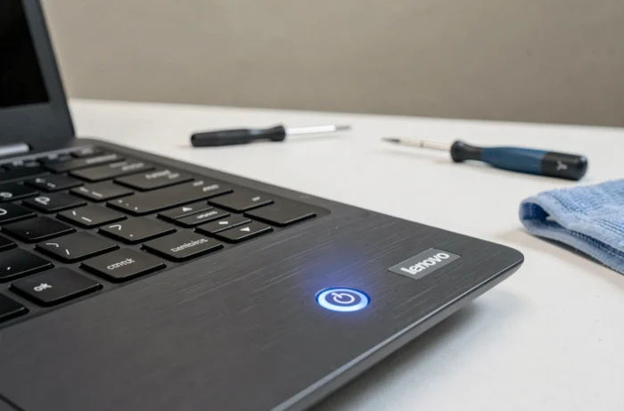 Gros plan sur le bouton power d'un ordinateur Lenovo clignotant en bleu sur un bureau de réparation minimaliste