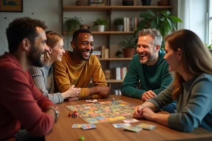 Groupe d'adultes jouant au jeu Béabonheur autour d'une table en bois avec cartes et pions colorés