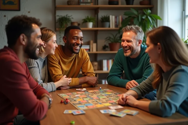 Groupe d'adultes jouant au jeu Béabonheur autour d'une table en bois avec cartes et pions colorés