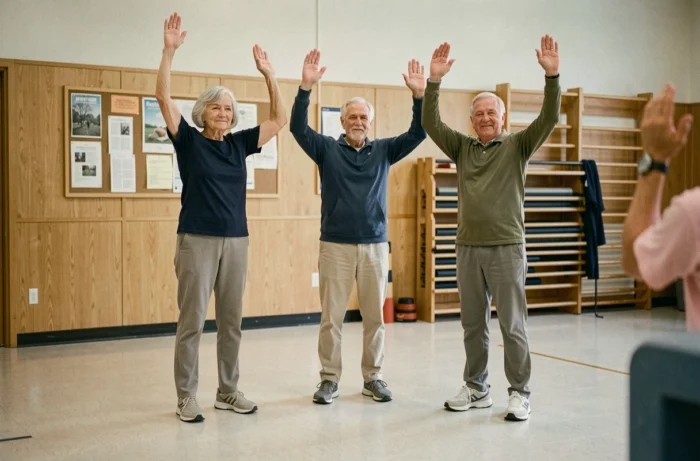 Groupe de seniors de plus de 80 ans pratiquant des exercices de gym douce en salle communautaire