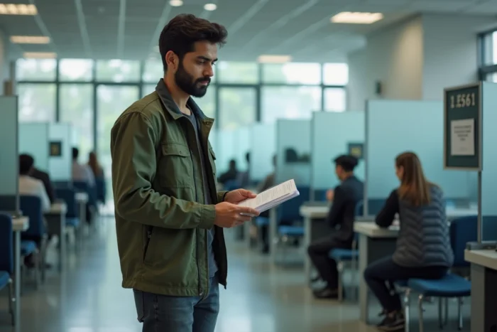 Jeune homme déposant des documents administratifs à un guichet officiel pour préparer un voyage humanitaire