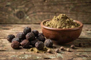 Fruits séchés et poudre d'haritaki dans un bol en céramique sur bois ancien, vue macro des effets et propriétés de la plante