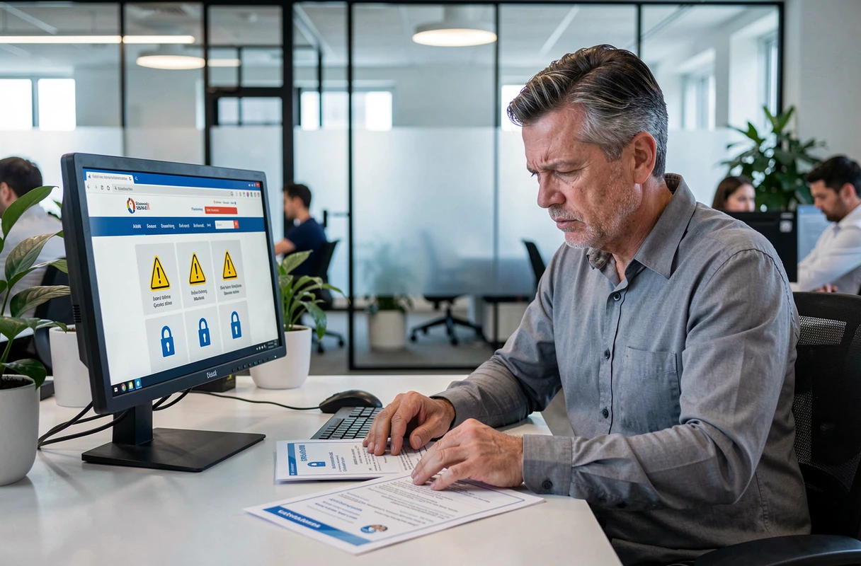 Homme comparant des certificats en ligne sur un ordinateur de bureau pour éviter les fausses accréditations