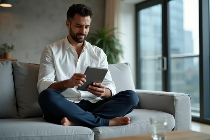 Homme lisant sur une liseuse numérique dans un salon moderne minimaliste avec vue urbaine