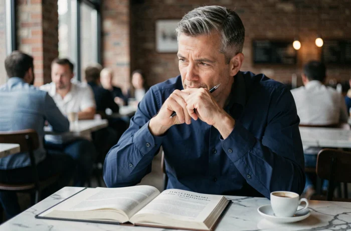 Homme consultant un manuel de grammaire française dans un café, réfléchissant aux règles des pronoms possessifs tien et tiens