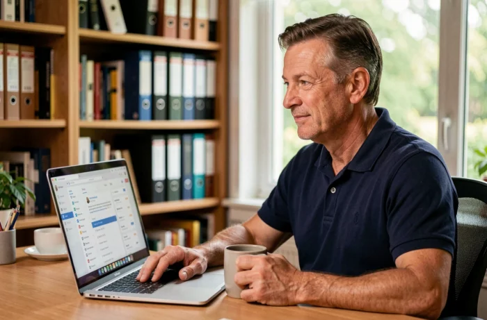 Homme consultant sa boîte mail Zimbra sur un laptop depuis son bureau à domicile avec une tasse de café