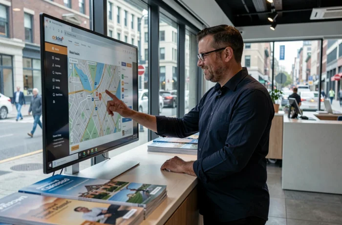 Homme consultant le plan d'un site de voyage sur un écran dans une agence moderne