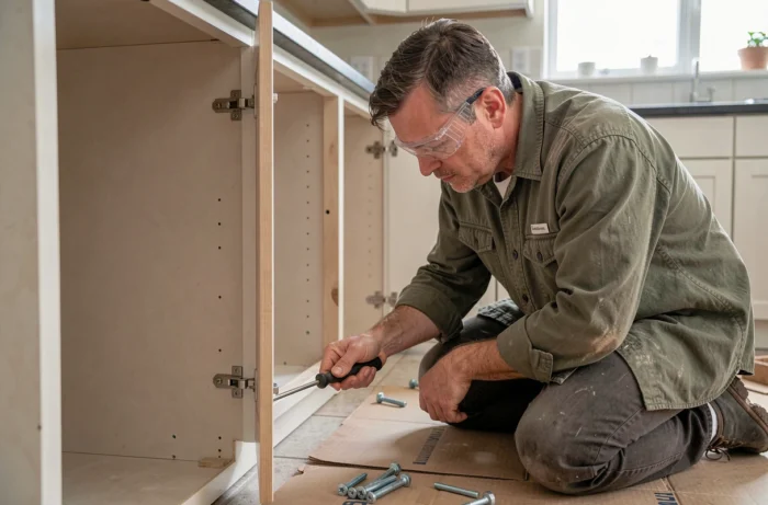 Homme réparant une charnière de placard dans une cuisine en cours de rénovation, pratiquant le bricolage en autonomie à domicile