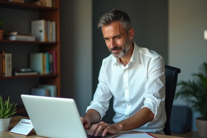 Homme envoyant une lettre de résiliation d'assurance habitation en ligne depuis son bureau à domicile